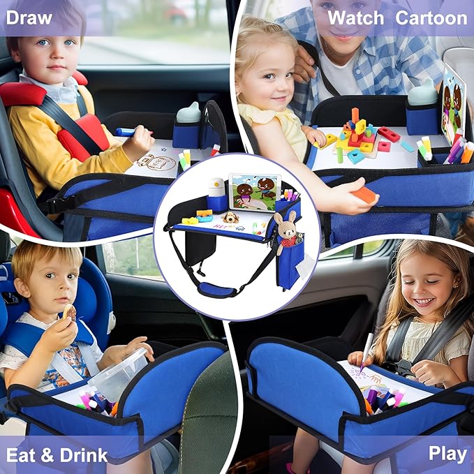 2Pcs‎ Kids Travel Tray, Kids Travel Trays for Car Seat, Road Trip Essentials for Toddler, Carseat Lap Tray with Dry Erase Board & Storage Organizer for Road Trip Activities for Kid, Blue