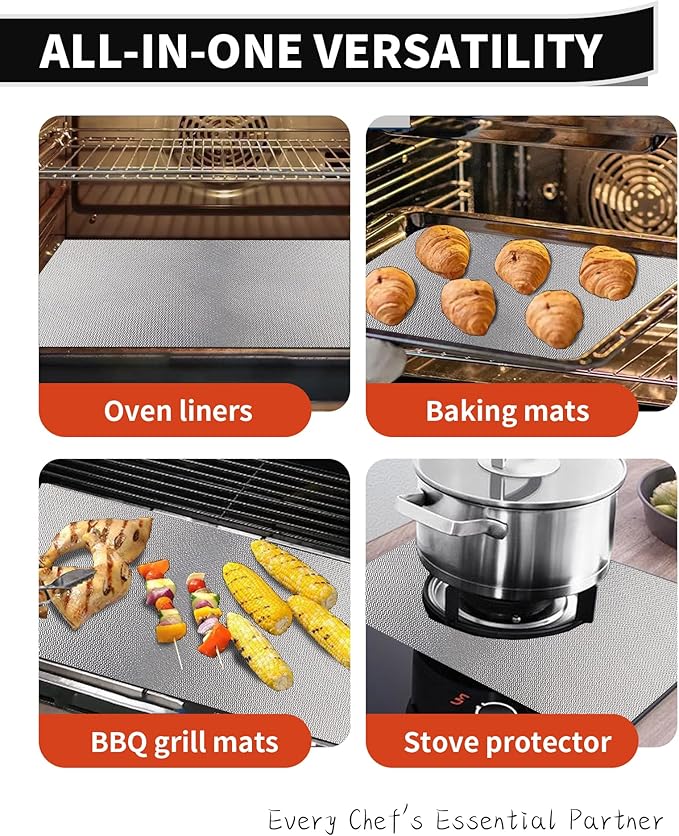 Oven Liners for Bottom of Oven - 4 Pack Large Heavy Duty Oven Mats, 17"x 25" Reusable Matt Liner for Electric, Gas, Toaster Ovens & Grills, BPA & PFOA Free, Kitchen Essentials, Silver
