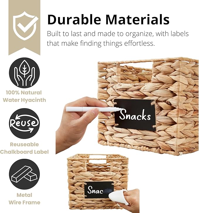 DECOMOMO Wicker Storage Baskets, Handwoven Pantry Baskets, Water Hyacinth Storage Baskets w/Chalkboard and Marker (Natural, Set of 2)
