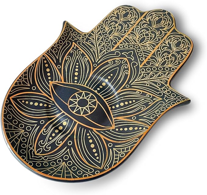 Exquisite Small Ceramic Jewelry Tray - Trinket Dish Evil Eye Decor, Gold Plate Ring Holder, Modern Boho Home Essentials, Perfume Organizer, Witchy, Aesthetic Room Decor (Black Hamsa)