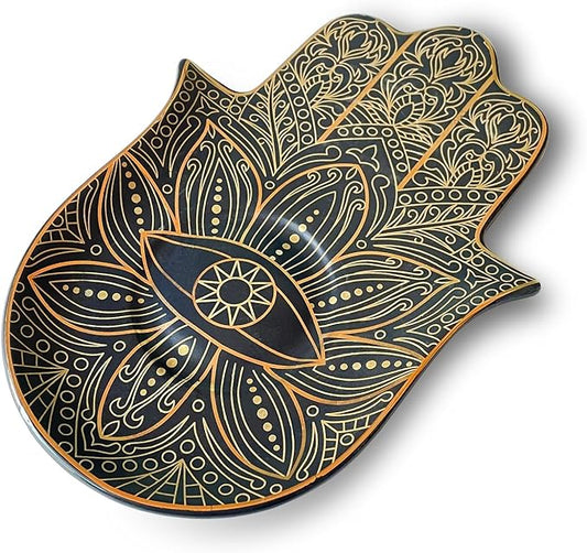 Exquisite Small Ceramic Jewelry Tray - Trinket Dish Evil Eye Decor, Gold Plate Ring Holder, Modern Boho Home Essentials, Perfume Organizer, Witchy, Aesthetic Room Decor (Black Hamsa)
