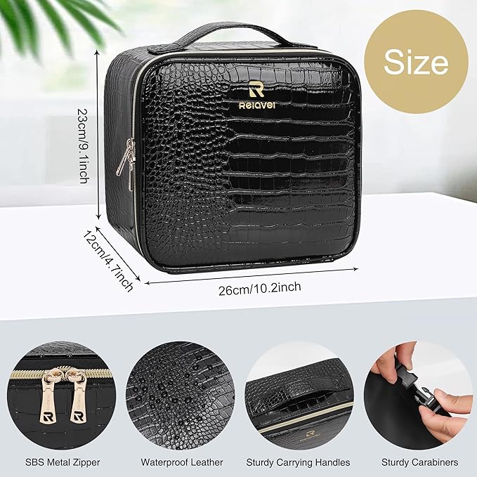 Relavel Makeup Train Case With LED Mirror, Professional Travel Cosmetic Bag with Removable Partitions, Compact Makeup Organizer, Waterproof Toiletry Case for Women, Black