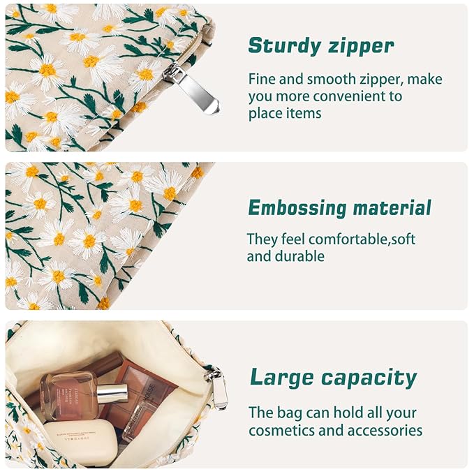 ZLFSRQ Daisy Flower Makeup Bag Travel Cute Floral Cosmetic Bag for Women Girls Small Embroidery Makeup Zipper Portable Storage Toiletry Pouch for Purse Aesthetic Christmas Essential Cosmetic Organizer