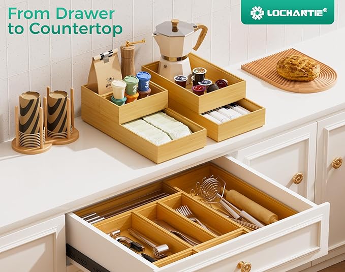 Bamboo Kitchen Drawer Organizer Boxes – 15" x 6" Stackable Wood Silverware Utensil Tray for Drawers Bins, Cutlery & Flatware Storage – Wooden Organizers Set of 2 for Junk Drawer, Bathroom, RV