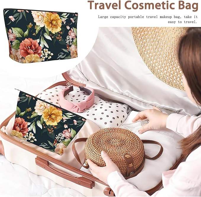 Vintage Pink Flowers Makeup Bag Travel Cosmetic Bag for Women,Green Leaves Small Make up Pouch Travel Bags for Toiletries Aesthetic Accessories Waterproof Gifts