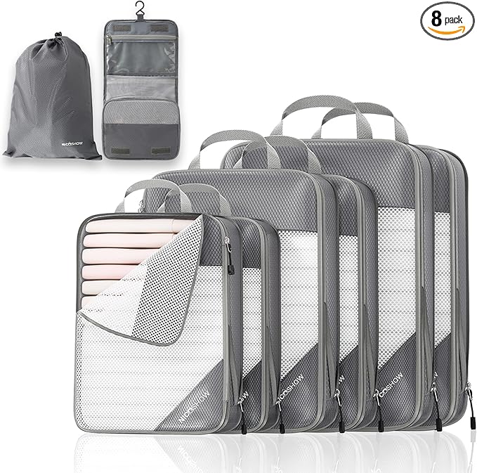 Compression Packing Cubes 8 Set, Compressible Space-Saving Packing Cubes for Travel - Compression Bags, Luggage Organizer, Travel Essentials for Women, Beige