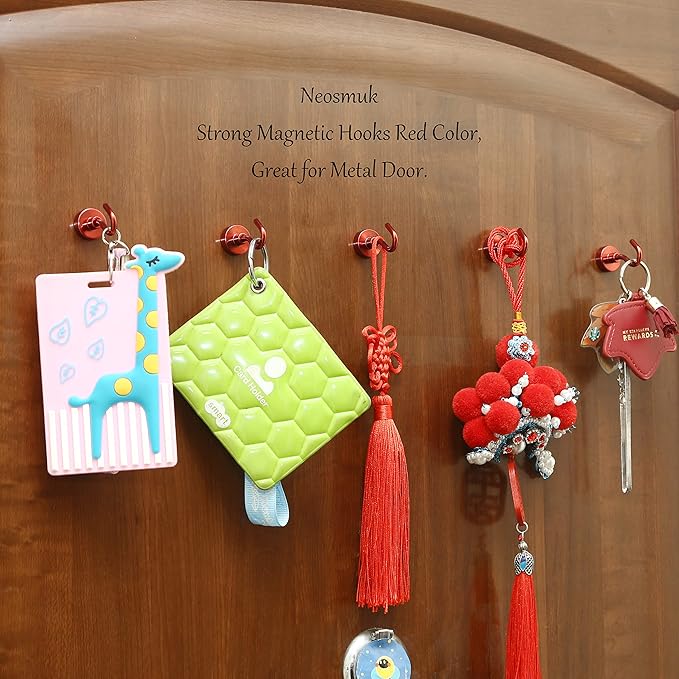 Neosmuk Magnetic Hooks, Heavy Duty 30lb+ Strong Magnet Hook for Cruise Cabins, Cruise Ship Essentials for Hanging, Metal Wall Refrigerator Hangers (Red, 12 Pack)