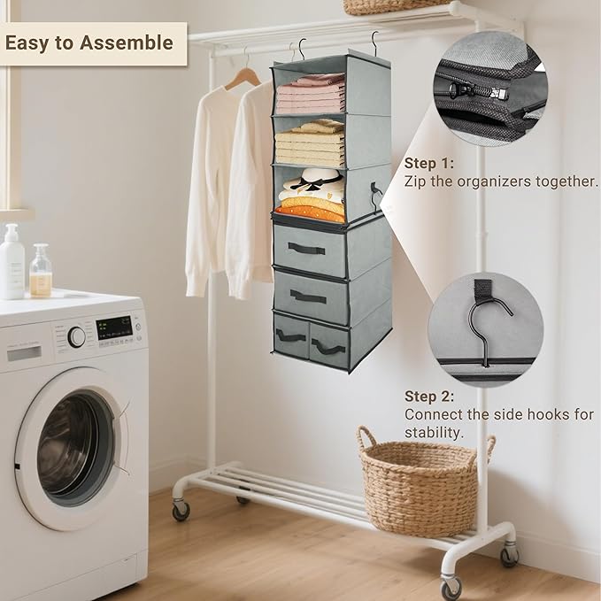 2-in-1 Durable 6-Tier Hanging Closet Organizer with 4 Removable Drawers,2 Separable 3-Tier Thickened Fabric Hanging Shelf Clothes Storage Organization Space-saving for Bedroom,Dorm,Guestroom,RV,Travel