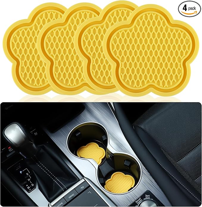 GaRhomxy Car Cup Holder Coaster, Universal Non-Slip Recessed Flower Shaped Cup Holders, Cute Car Accessories Interior for Women and Man Interior Sets 4 Pack (Yellow)