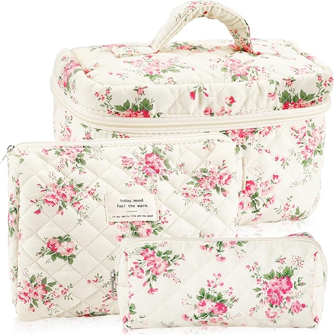 3Pcs Cotton Quilted Makeup Bag for Women Girls Large Small Travel Pink Floral Cosmetic Bags Set Cute Coquette Makeup Pouch for Purse Aesthetic Cloth Flower Storage Toiletry Bag Organizer