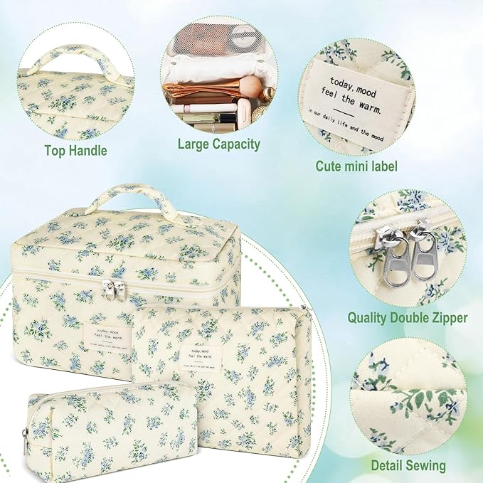 3Pcs Makeup Bag Quilted Cotton Cosmetic Bags for Women Large Small Blue Makeup Pouch Set Cute Coquette Floral Travel Bags Portable Skincare Toiletry Bag Vintage Puffy Essential Organizer