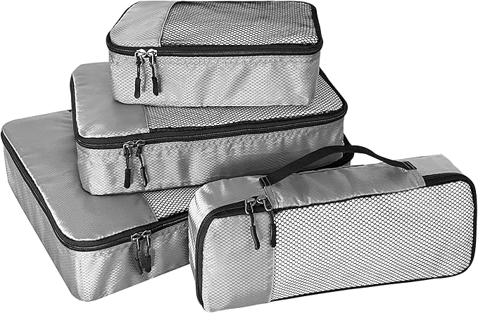4-Piece Packing Cubes Travel Accessories Set for Suitcases - Luggage Organizer Bags with Double Zipper - Mesh Top - Small/Medium/Large/Slim - Grey