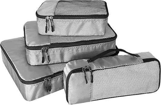 4-Piece Packing Cubes Travel Accessories Set for Suitcases - Luggage Organizer Bags with Double Zipper - Mesh Top - Small/Medium/Large/Slim - Grey