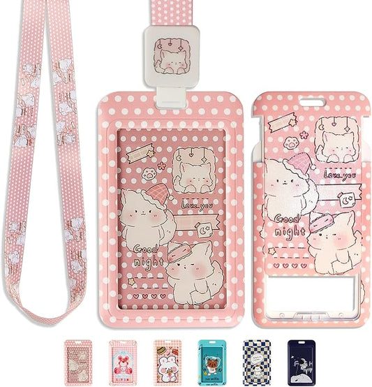 Cute ID Badge Holder with Clip Badge Reels and Lanyards with Badge Reel with 15-inch Pull Cord for School, Teacher, Student, Women, Men (Kitten)