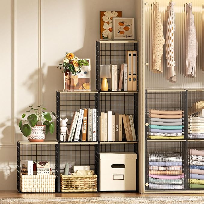 Taller Closet Organizers and Storage with Wood Top, Set of 3 Stackable Wire Storage Bins for Clothes, Bags, Towels, Double Storage Design, Sturdy Metal Cube Shelf Organizer for Closet Wardrobe, Black