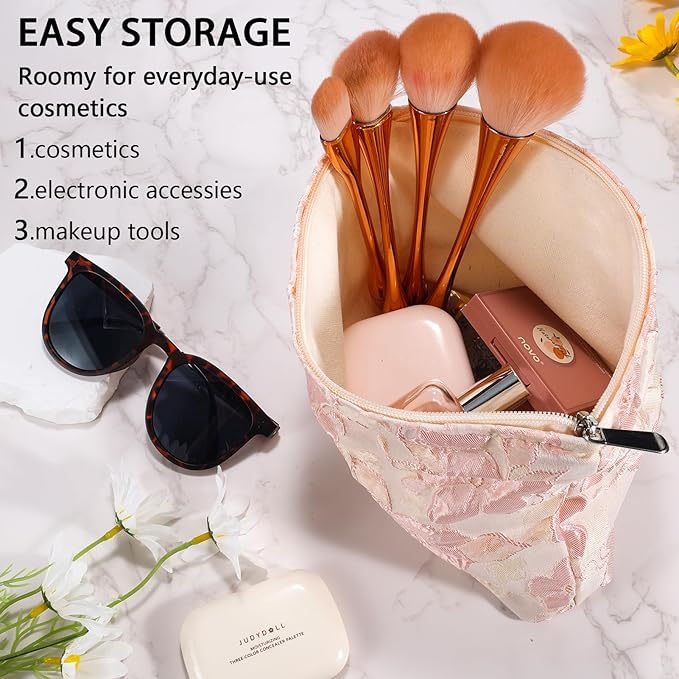 ZLFSRQ Flower Makeup Bag Travel Cute Floral Cosmetic Bags for Women Large Capacity Toiletry Pouch Zipper Cosmetic Pouch for Purse Aesthetic Embossed Pink Makeup Organizer Portable Toiletry Bags