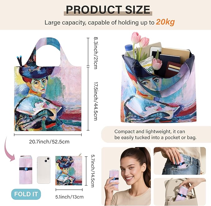 Reusable Grocery Bags, Oil Painting Art Tote Bags With Carry Pouch Waterproof Shopping Bags for Travel Daily Use