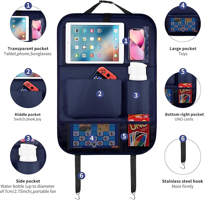 LUCMO Car Backseat Organizer with Tablet Holder, 6 Storage Pockets Car Storage Organizer with Foldable Food Tray, Seat Protectors Kick Mats Travel Accessories - Dark Blue