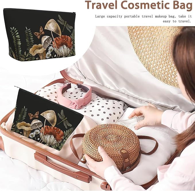 Cute Magic Mushroom Cosmetic Bag Forest Plants Makeup Bags,Travel Make up Bags for Women Girls Cute Zipper Pouch Toiletry Organizer Bag Travel Essentials