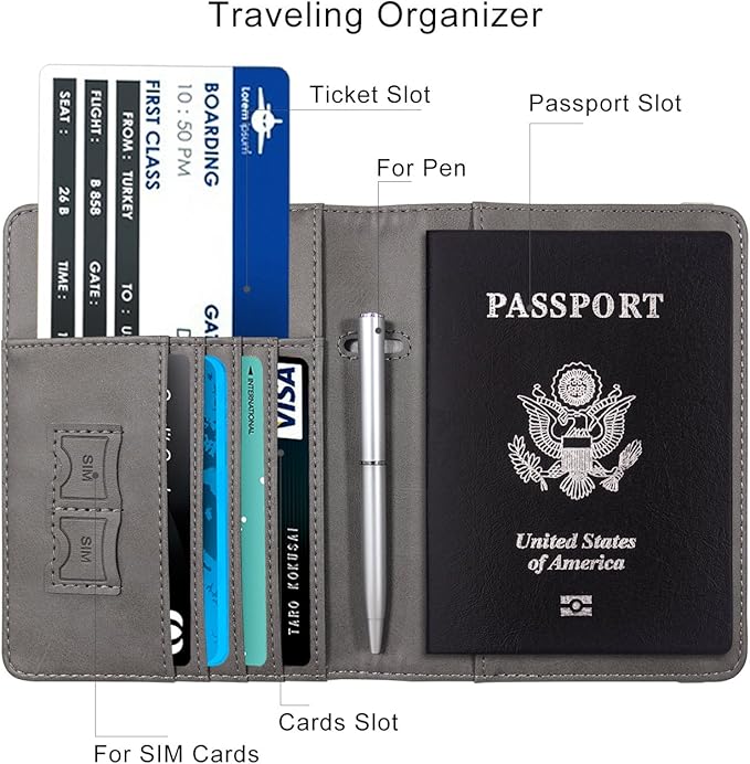 WALNEW Passport Holder for Travel, RFID Passport Cover Wallet for Women Men, PU Leather Passport Book Card Holder Case with Pen, Travelling Essentials for Flying