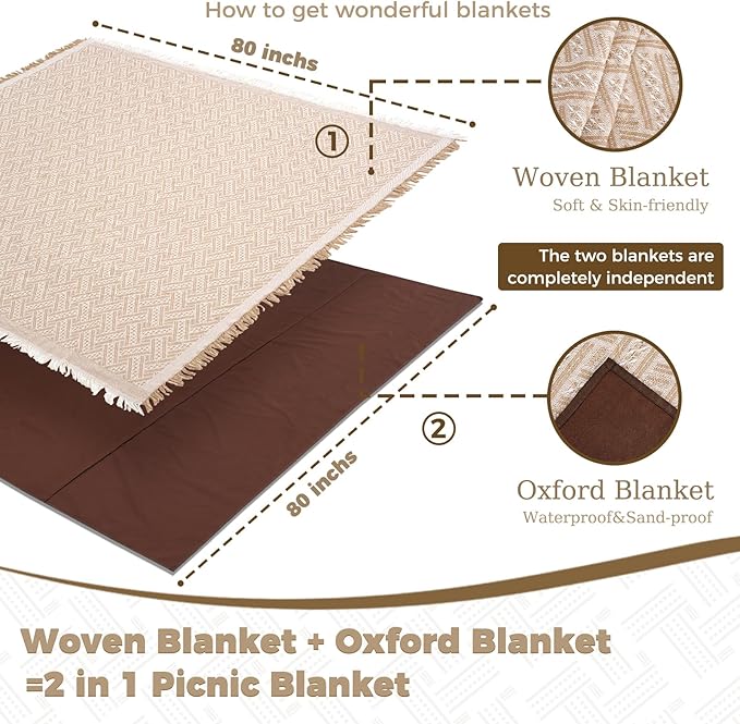 Genovega 2 in 1 Extra Large Outdoor Picnic Blanket Waterproof Woven Boho Mat Giant Beach Towel Travel Essential Yoga Accessories Park Patio Lawn Garden Grass Ground Music Festival Concert Must Have