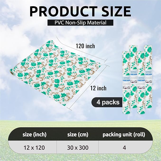 12X120 Inch Shelf Liner for Kitchen Cabinets, PVC Drawer Liner for Dresser Non-Slip Bathroom, Non-Adhesive Cabinet Liner Washable (Green Floral)(4 Roll)