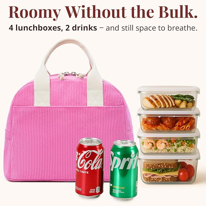 LOVELYWIND Insulated Vintage Pink Lunch Bag for Women, Stylish Corduroy Tote with Aluminum Lining, Large Capacity Reusable Cooler for Work, Travel, or Beach, Beige Cream Water-Resistant Lunch Box