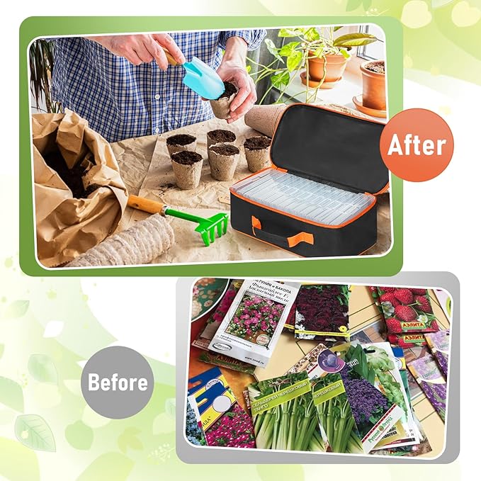 15 Slots Seed Storage Organizer Box with 20 Seed Envelopes, Large Capacity Seeds Storage Container with Zipper Bag Label Stickers, Seeds Saving Container for Garden Vegetable and Flower (Orange)