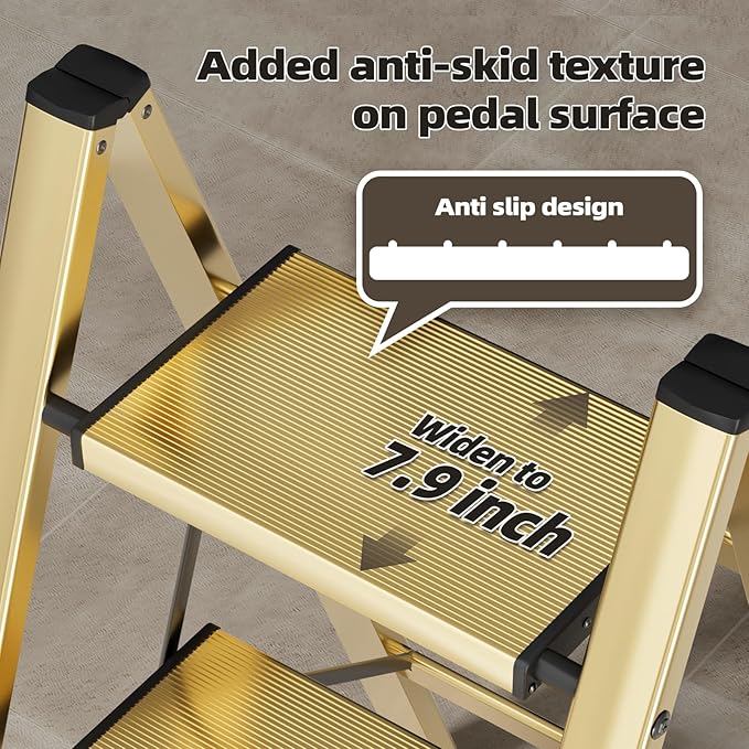 HillhutApex 3 Step Ladder, Lightweight Portable 3 Step Stool with Anti-Slip Wide Pedal,330lbs Capacity Aluminum Ladder for Household,Office,Library(Gold)