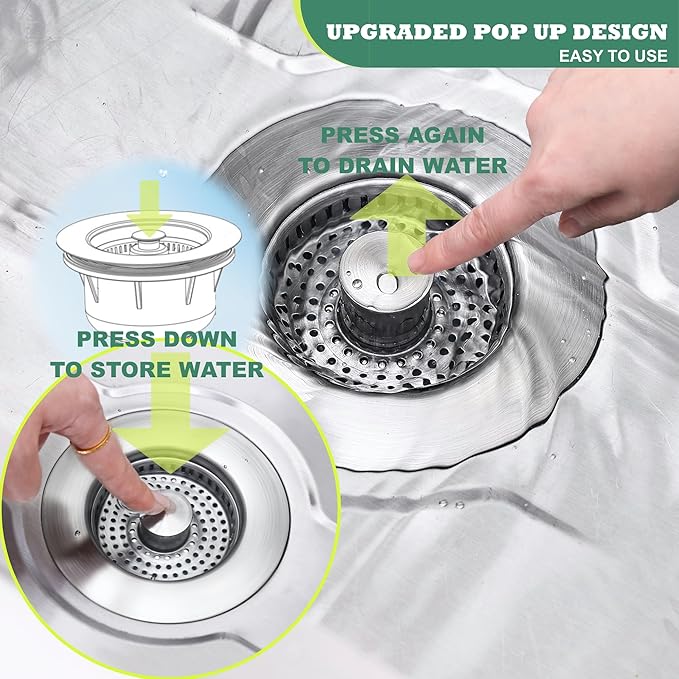 Sink Drain Strainer 3 in 1, 304 Stainless Steel Pop Up Sink Stopper, Anti-Clogging Sink Strainer, Kitchen Sink Strainer, Drain Cover and Kitchen Accessories for US Standard Sink(Silver)