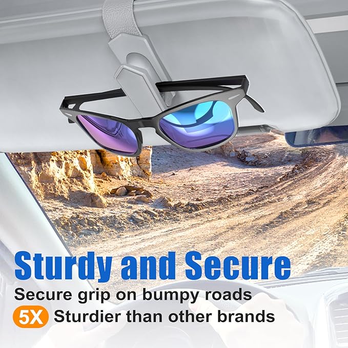 Veharvim One-Handed-Operation Sunglasses Holder for Car, Visor Sunglass Holder Clip, Car Accessories Interior, Universal Fit Silicone Padded Visor Sunglass Holder Car, Unmatched Durability (2 Pack)