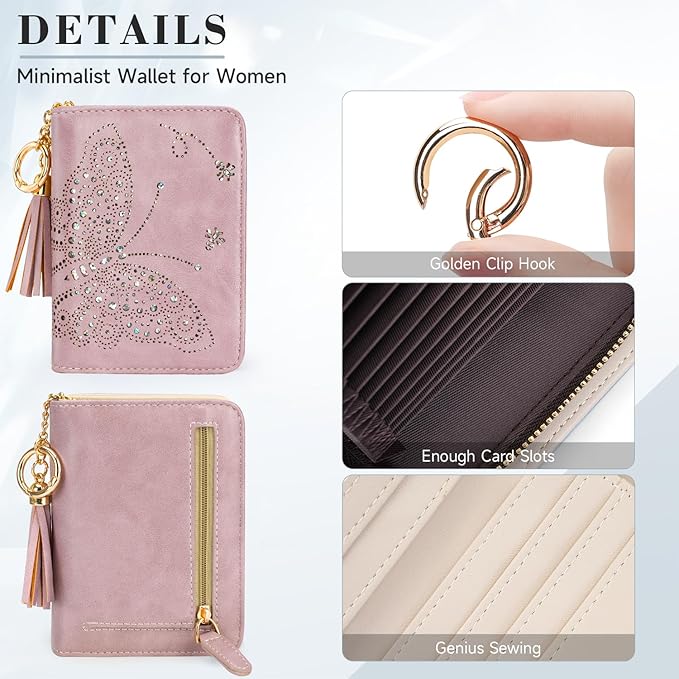 Women RFID Blocking Small Bifold Wallet, Compact Cash Clutch with Zipper Coin Pocket, Glittery Butterfly Design, Credit Card Holder, Travel Purse with Tassel PURPLE