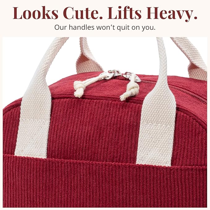LOVELYWIND Insulated Lunch Bag for Women Men, Stylish Corduroy Tote Bag with Aluminum Lining, Large Capacity Reusable Cooler for Work, Travel, or Beach, Wine Red Lunch Box