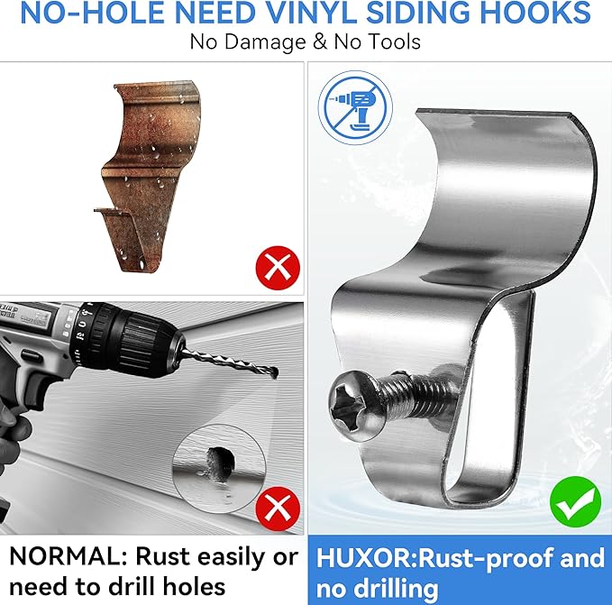 HUXOR (10 Pack) Vinyl Siding Clips Hooks, No-Hole Needed Outdoor Siding Hangers for Mounting Home Security Cameras, Stainless Steel