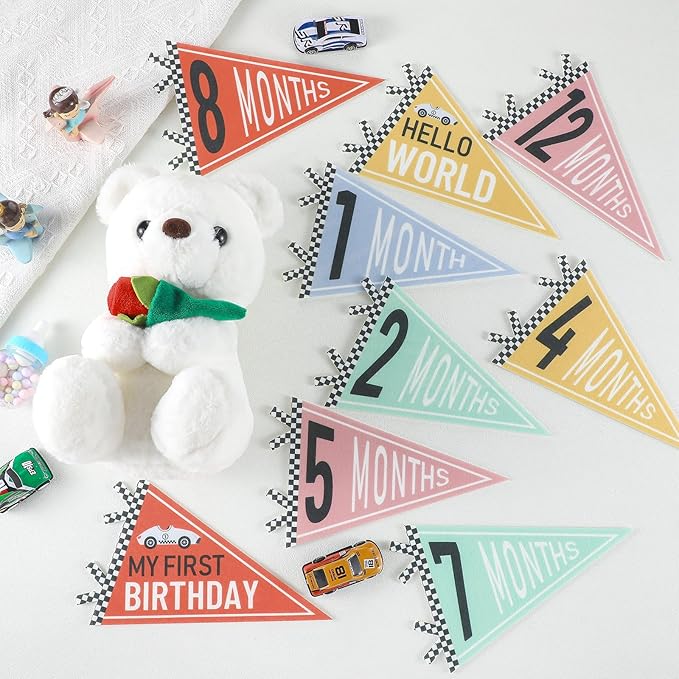 VitalCozy 14 Pcs Baby Milestone Pennant Signs Monthly Milestone Banner Flags Pennant Triangle Banner Age Flag Signs for Boy Girl Newborn Birthday Party Decor (Car)