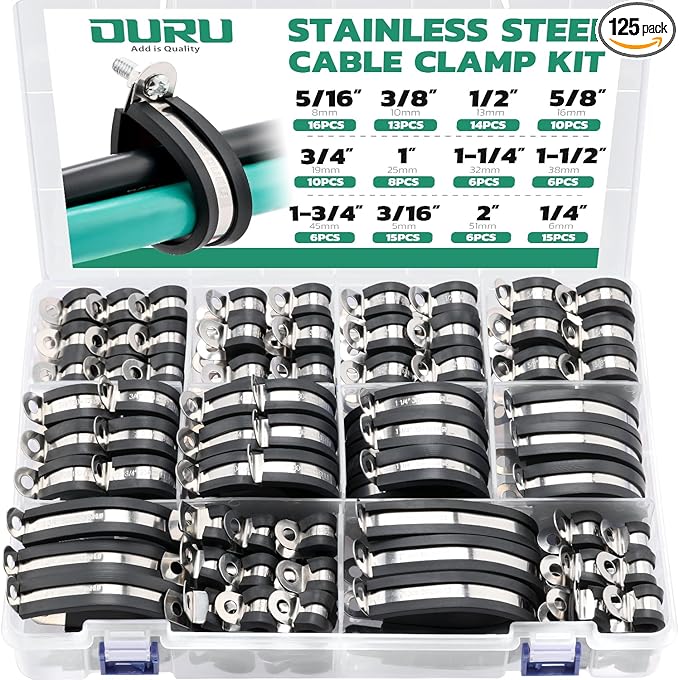 OURU 125PCS Cable Clamp,12 Sizes Stainless Steel Rubber Coated Cushioned Insulated Cable Clamps Assortment Kit-Metal Wire Clamps,Cable Clips,Pipe Clamps