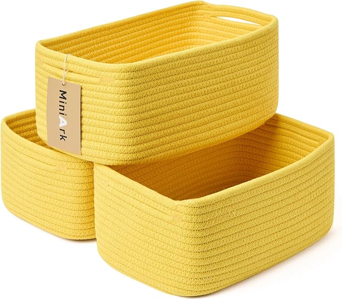 MiniArk Small Storage Baskets for Organizing | Closet Organizer Bins | Shelf Toy Basket | Woven Rope Baskets | Cube Decorative Box | Shallow Basket | 13x8.5x5.1” | 3 Packs Yellow