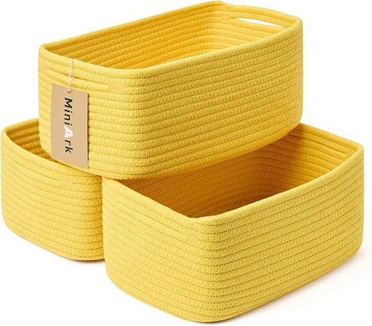 MiniArk Small Storage Baskets for Organizing | Closet Organizer Bins | Shelf Toy Basket | Woven Rope Baskets | Cube Decorative Box | Shallow Basket | 13x8.5x5.1” | 3 Packs Yellow