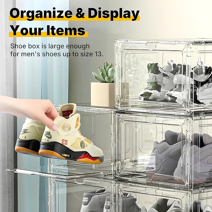 6 Pack Large Drop-Front Black Transparent Shoe Boxes, Stackable Sneaker Storage Container for Closet, Fits US Size 13+, Magnetic Front Door, Heavy-Duty Reinforced Plastic Shoe Organizer