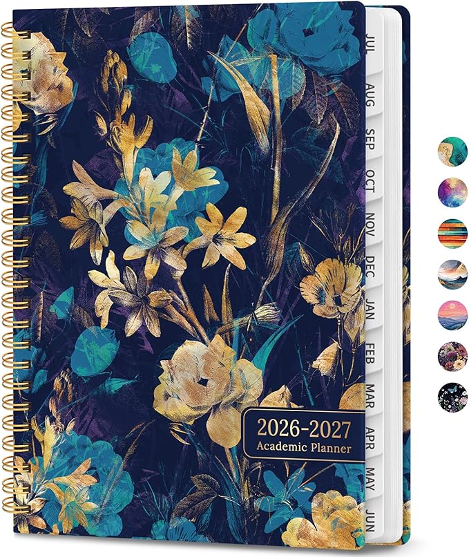 Academic Planner 2026-2027, Weekly and Monthly Calendar Book, July 2026 – June 2027, Hardcover Planner with Tabs, Perfect for Teachers, Students, Women & Men, A4 (8.5" x 11") - Turquoise Flowers