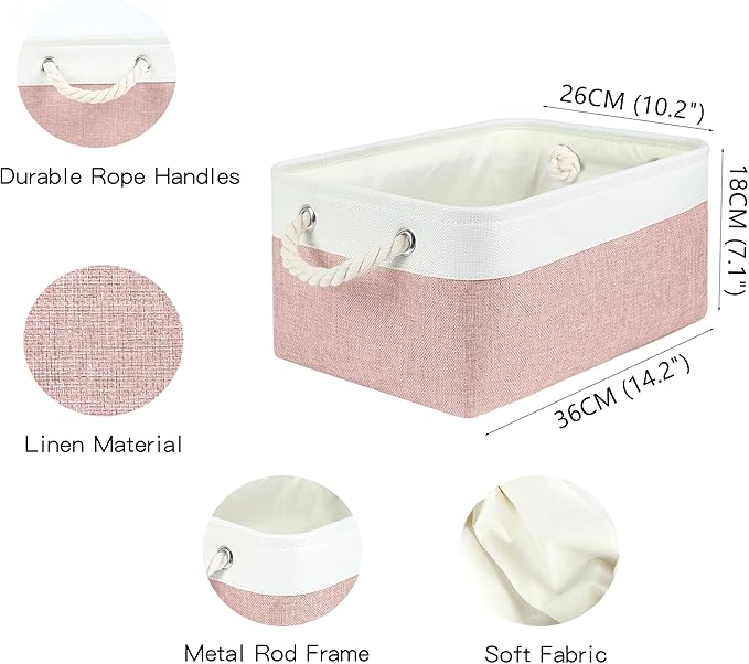 Storage Bins with Sturdy Cotton Handles(3 Pack), Fabric Storage Baskets for Organizing use for Office & Home, Book, Clothes, Toys, Closet Boxes(Medium, Pink-White, 14.2x10.2x7.1 inches)
