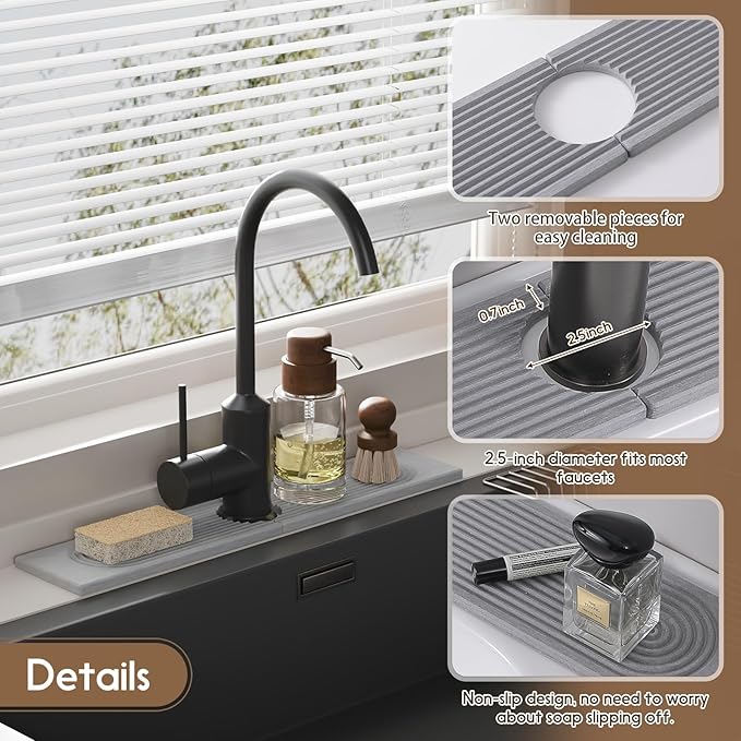 Faucet Mat for Kitchen Sink, Diatomite Quick Drying Tray, 20 Inch Kitchen Sink Splash Guard and Bathroom Stone Tray for Counter. Super Absorbent. Light Gray.