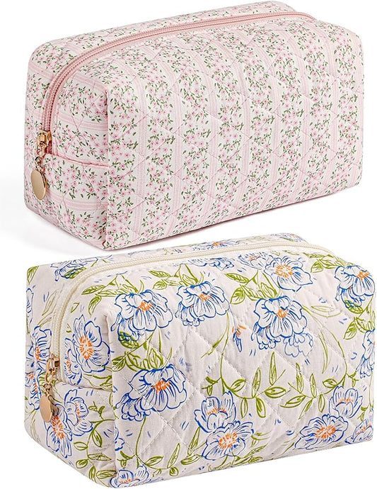 HHQQWZ Makeup Bag Travel Cosmetic Bag for Women Girls, Zipper Makeup Pouch, Floral Flowers Toiletry Organizer Makeup, Portable Storage Bag, Cosmetic Travel Cloth Bag (Pink+Large Blue Flowers)
