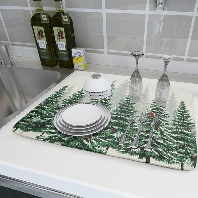 Winter Green Pine Tree Dish Drying Mat for Kitchen Counter,Red Bird Snowflake Drying Mat 18 x 24 Inch with High Absorbent Microfiber Drainer Mat for Coffee Bar