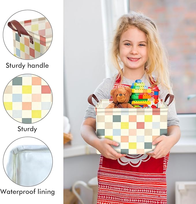 Colorful Checkered Basket Waterproof Canvas Toy Storage Bin Checkered Room Decor Collapsible Outdoor Basket with Leather Handles Colorful Decor Blanket Baskets For Closets,Bedrooms,Gifts Baskets
