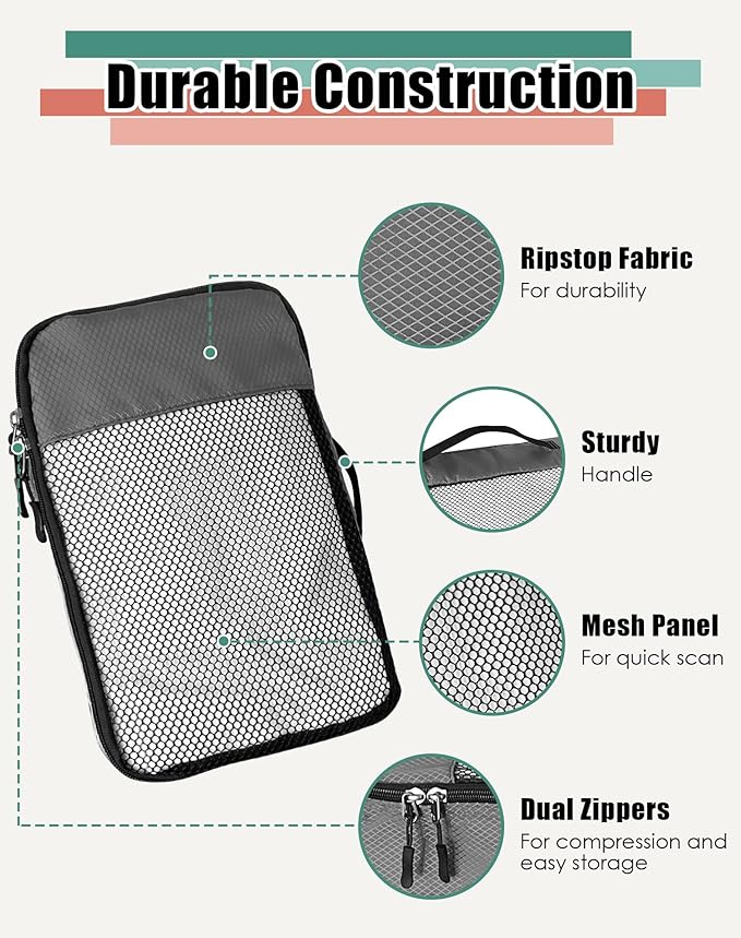 4-Piece Packing Cubes Travel Accessories Set for Suitcases - Luggage Organizer Bags with Double Zipper - Mesh Top - Small/Medium/Large/Slim - Dark Grey