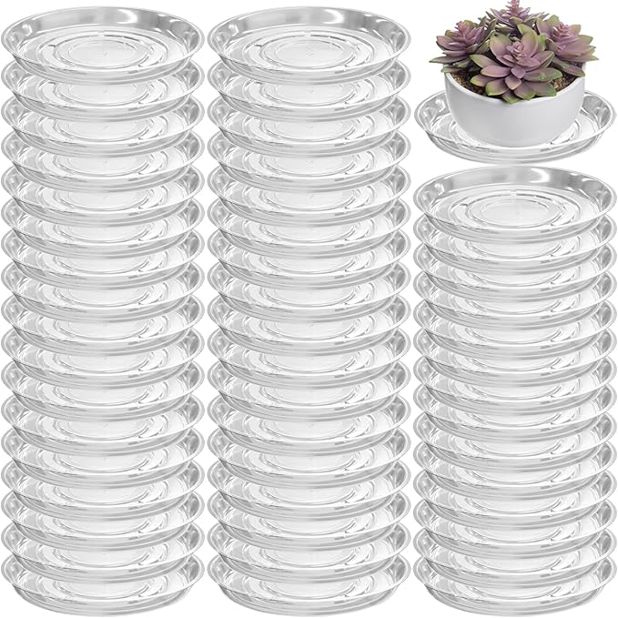 50 Packs 14" Large Clear Plant Saucers for Indoor Outdoor Use Heavy Duty Plastic Plant Trays for Planter Bulk Flower Pot Drip Trays to Catch Water, 4 to 20 Inch
