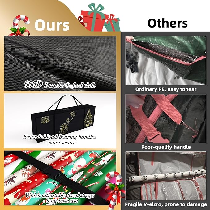 Safana Wrapping Paper Organizer Storage Bag, 42" Durable 600d Oxford Christmas Gift Wrapping Organizer Box Under Bed Containers for Decorations Paper Rolls, Ribbons, Balls, Bows (Golden Snowman)