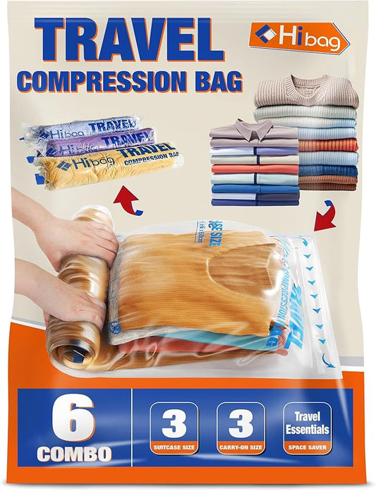 6 Compression Bags for Travel Essentials, Vacuum Packing Space Saver Bags for Cruise Accessories (6-Travel)