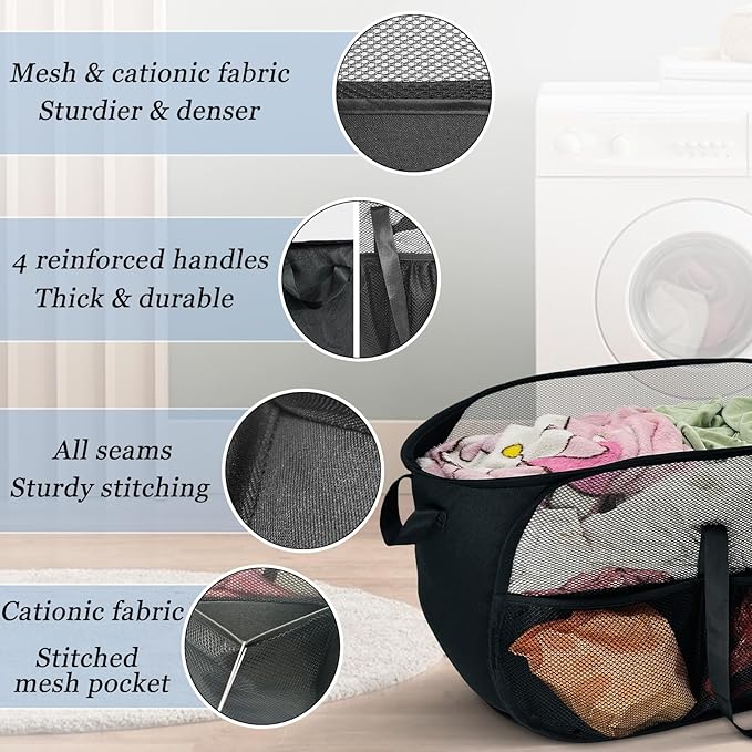 100L Extra Large Mesh Pop Up Hamper with Handles and bag, Upgraded Cationic XL Collapsible Laundry Baskets, Portable Stair Basket, Dirty Clothes Hamper for Cruise Travel Bedroom. Black